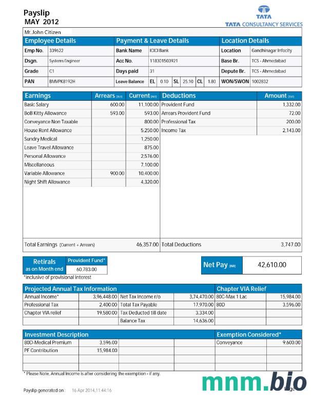 Indie TATA Consultancy Services payslip w formatach Word i PDF